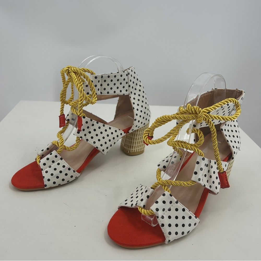 Polka Dot Lace-Up Heels - Red and Yellow